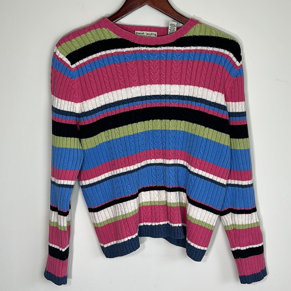 Marsh Landing By Amanda Smith Cable Knit Striped Sweater 100% Cotton Size medium